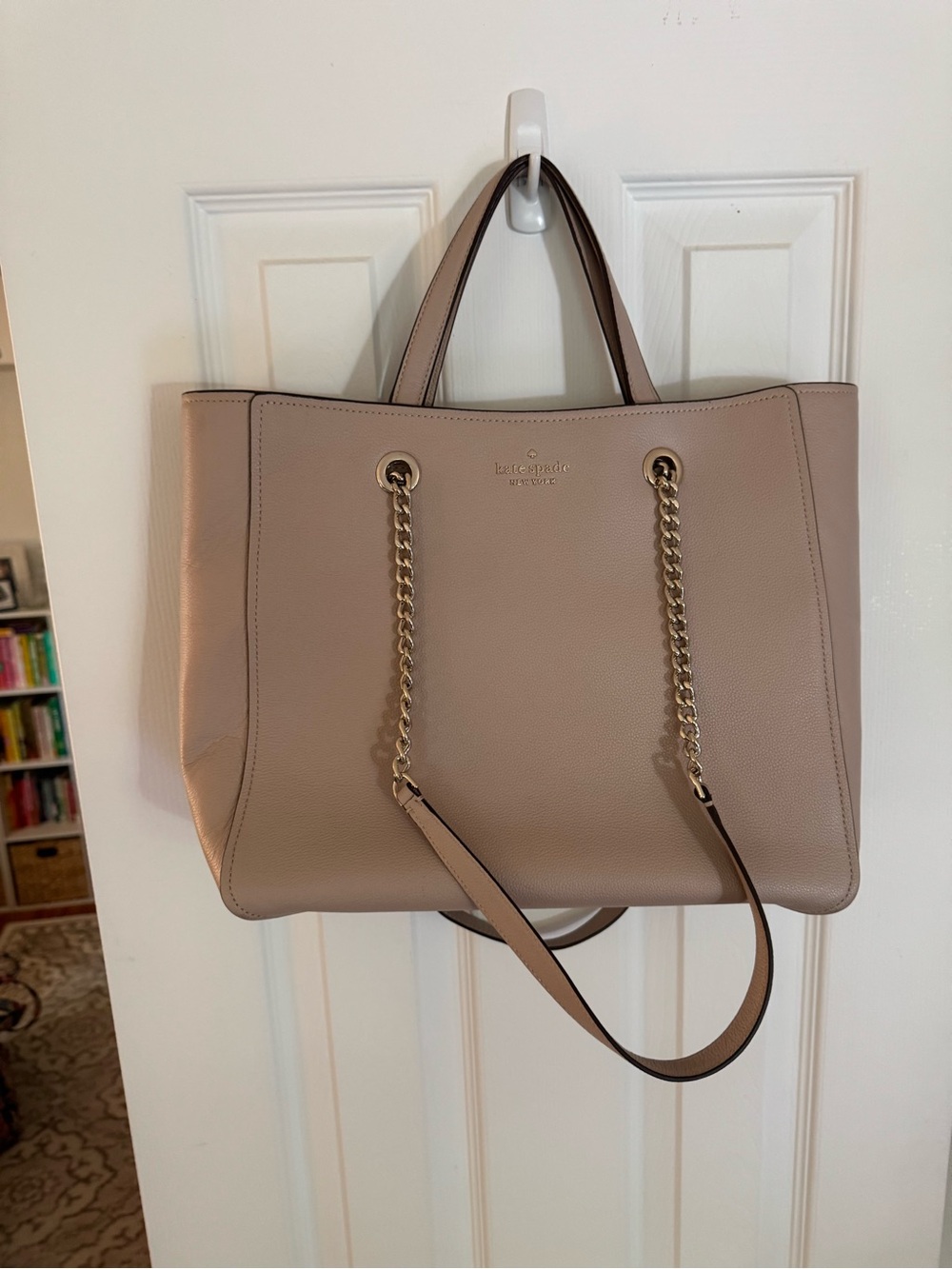 kate spade Pebbled Leather Tote in Blush Taupe with Gold Chain
